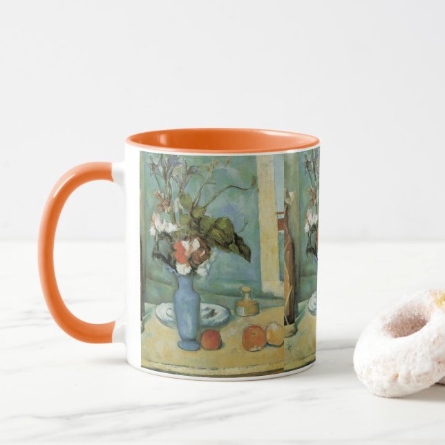 The Blue Vase (Flowers and Fruit) by Paul Cezanne Mug (With Donut)