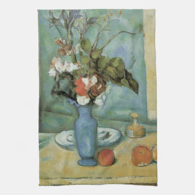 The Blue Vase (Flowers and Fruit) by Paul Cezanne Tea Towel (Vertical)
