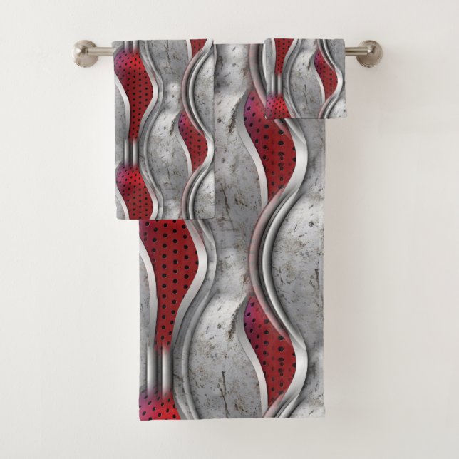 The Bold Metallic 3D Red Grey Texture Look Bath Towel Set (Insitu)