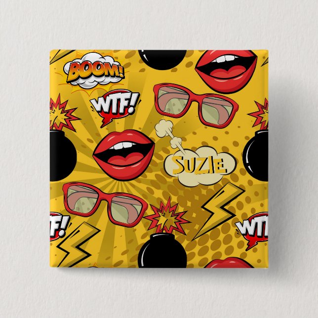 The Bomb Retro Lips Red/Gold ID553 15 Cm Square Badge (Front)