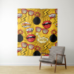 The Bomb Retro Lips Red/Gold ID553 Tapestry<br><div class="desc">Add your own name or other text to customise this fun retro tapestry pattern of bombs,  lips,  speech bubbles and sunglasses in bright shades of red and gold. Text already in the pattern reads 'WTF' and 'Boom'. Search ID553 to see other products with this design.</div>