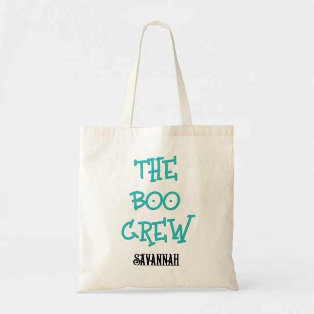 The boo crew custom kids name teal Halloween candy Tote Bag (Front)