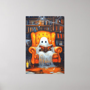 The Bookish Ghost Cosy Halloween Library Scene Canvas Print