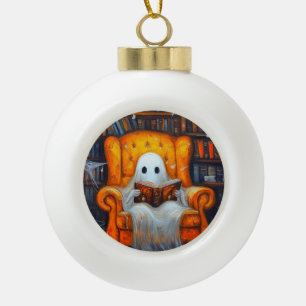 The Bookish Ghost   Cosy Halloween Library Scene Ceramic Ball Christmas Ornament