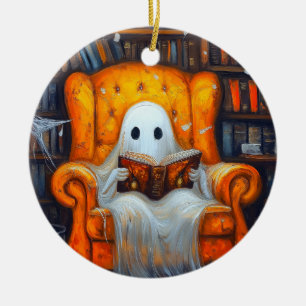 The Bookish Ghost Cosy Halloween Library Scene Ceramic Tree Decoration
