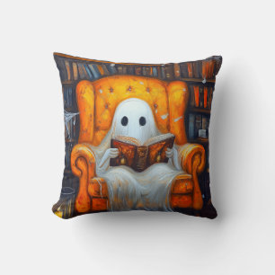 The Bookish Ghost Cosy Halloween Library Scene Cushion