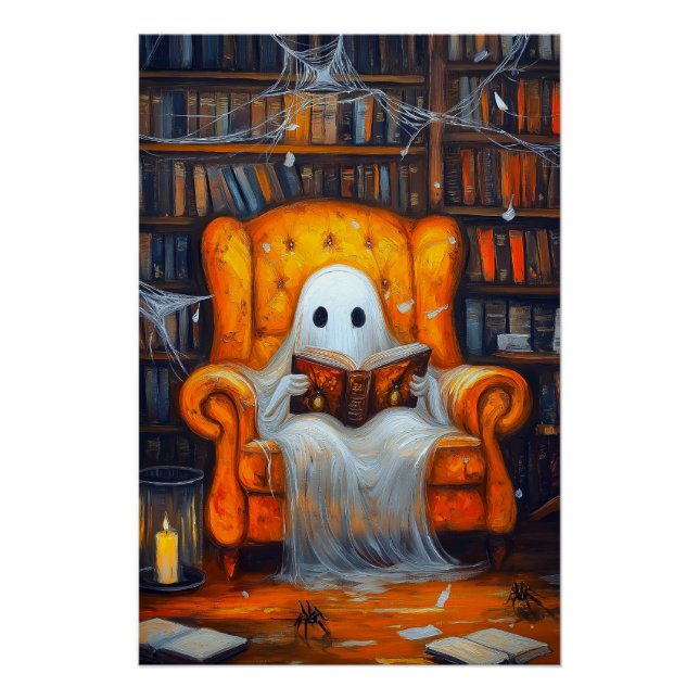 The Bookish Ghost | Cosy Halloween Library Scene Poster (Front)