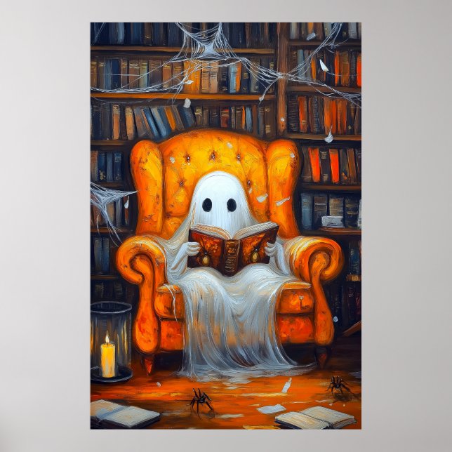 The Bookish Ghost | Cosy Halloween Library Scene Poster (Front)