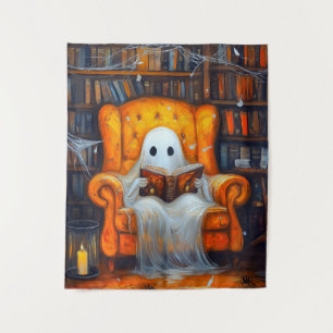 The Bookish Ghost   Cosy Halloween Library Scene Tapestry
