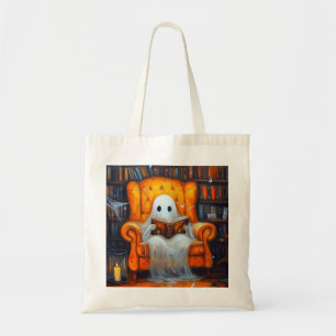 The Bookish Ghost   Cosy Halloween Library Scene Tote Bag