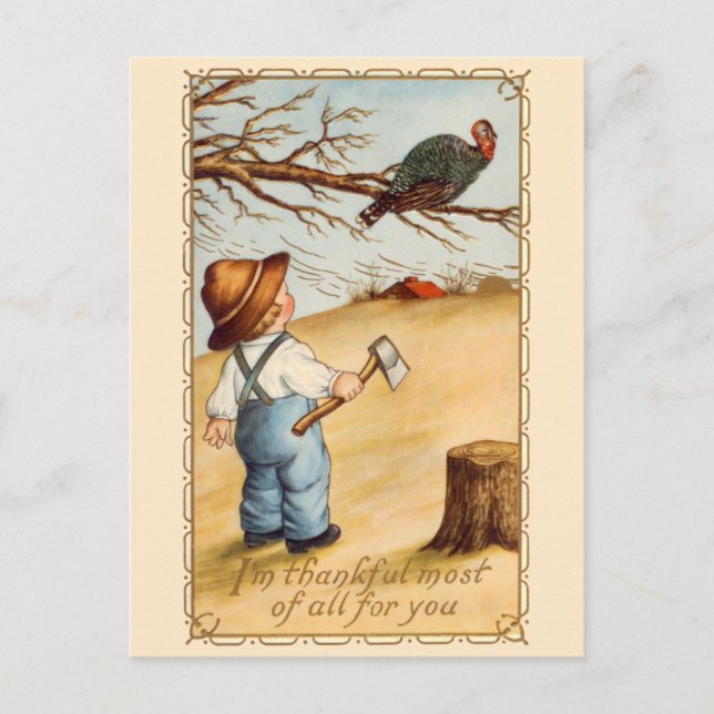 The Boy and the Turkey Thanksgiving Postcard (Front)