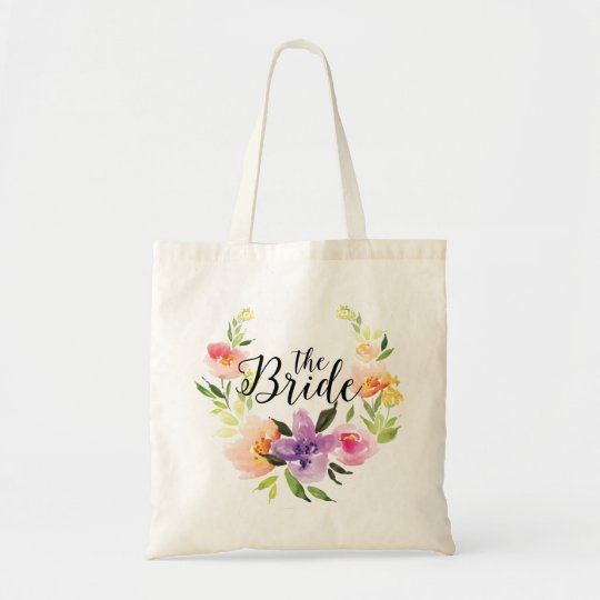 The Bride Black Text & Colourful Watercolor Wreath Tote Bag