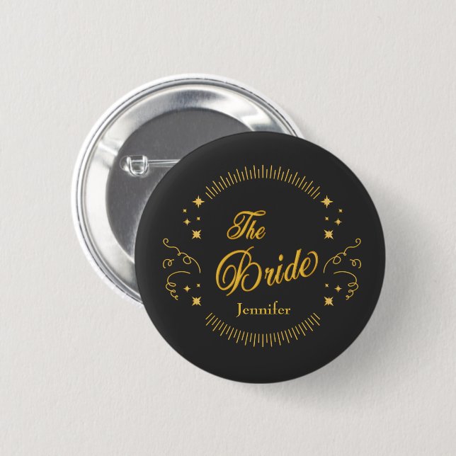 The Bride Gold Black Wedding Elegant Personalise 6 Cm Round Badge (Front & Back)