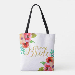 The Bride Gold Modern Text Colourful Floral Accent Tote Bag