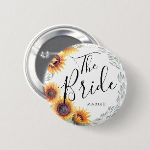 The Bride   Sunflower Florals Custom Name Wedding 6 Cm Round Badge