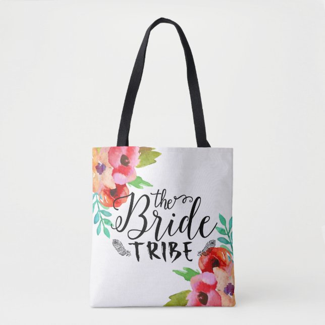 The Bride tribe Black Text Colourful Floral Tote Bag (Front)