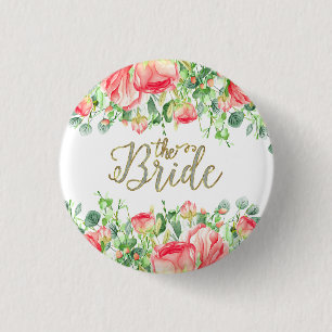 The Bride Typography With Pink Flowers Frame 3 Cm Round Badge