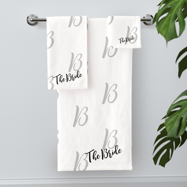 The Bride's Monogram Custom White Bath Towel Set (A useful Bridal Shower gift for The Bride. Just add her initial and name (or keep the text as is))