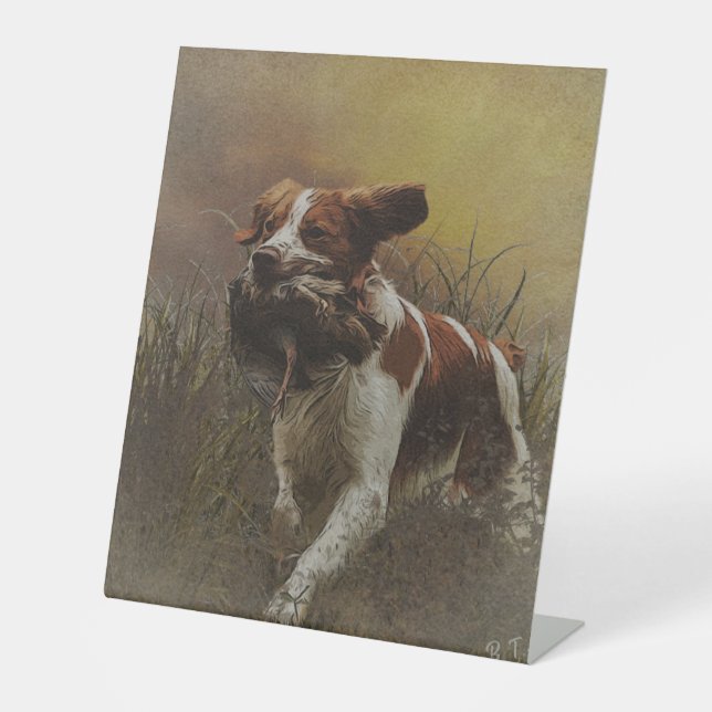 The Brittany spaniel    Ceramic Tile Beverage Coas Pedestal Sign (Front)