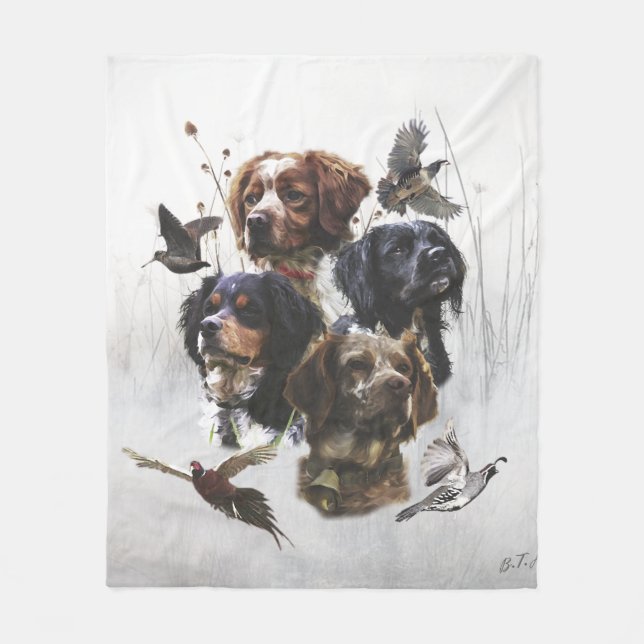 The Brittany Spaniels , Bird Hunting Season Fleece Blanket (Front)