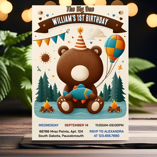 The Brown Fun Fish Boy Cute Baby Bear 1st Birthday Invitation (Creator Uploaded)