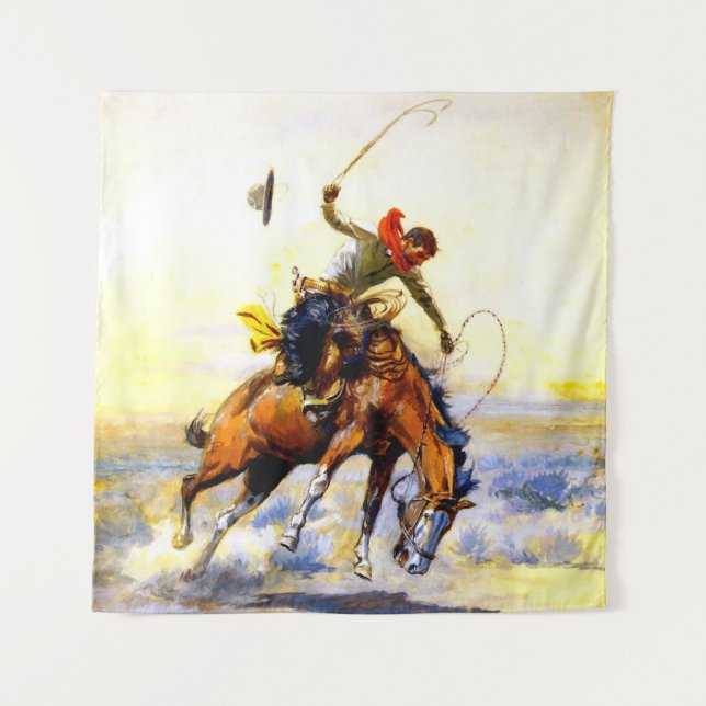 “The Bucker” Western Art by Charles M Russell Tapestry (Front)