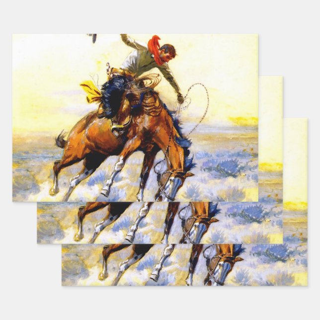 “The Bucker” Western Art by Charles M Russell Wrapping Paper Sheet (Set)
