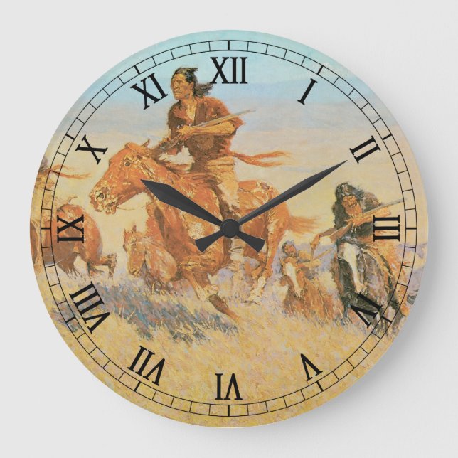 The Buffalo Runners, Big Horn Basin by Remington Large Clock (Front)