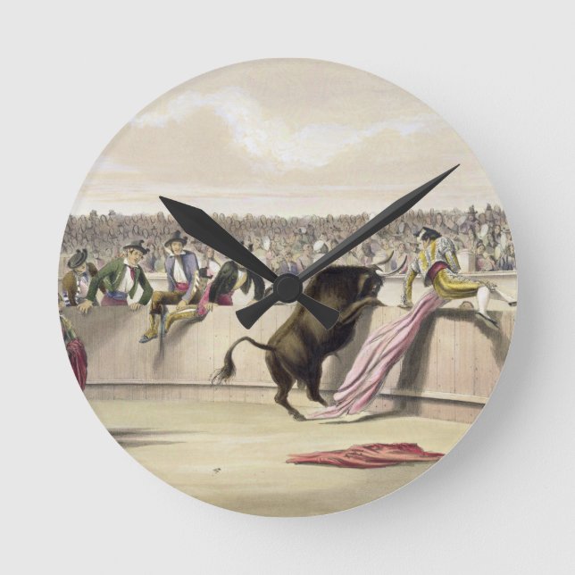 The Bull Leaping the Barriers, 1865 (colour litho) Round Clock (Front)