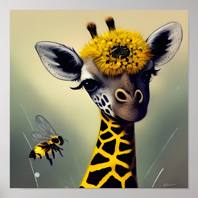 The Bumble Giraffe Whimsical Digital Art Poster (Front)