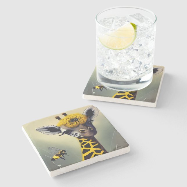 The Bumble Giraffe Whimsical Digital Art  Stone Coaster (Side)