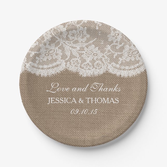 The Burlap & Lace Wedding Collection Paper Plate (Front)