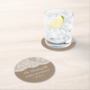 The Burlap & Lace Wedding Collection Round Paper Coaster