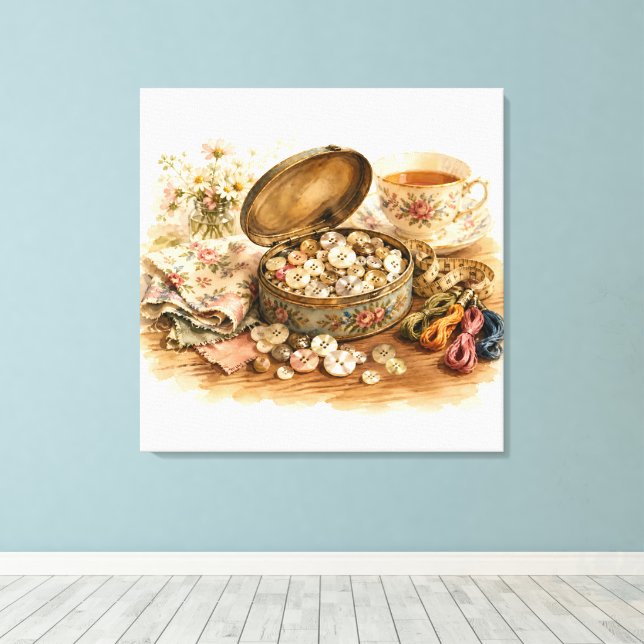 The Button Tin Stretched Canvas Print (Insitu(Wood Floor))