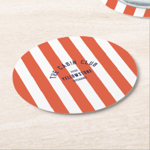 The Cabin Club Custom Crest Red Park Stripe Round Paper Coaster