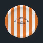 The Cabin Crew Custom Crest Orange Park Stripe Paper Plate<br><div class="desc">These plates are perfect for your cabin getaways... Bold orange stripes with navy distressed custom cabin crew crest. Personalise with the details of your gathering... year, destination and state. Perfect for a family or friends cabin trip, cabin theme party or cabin club bachelorette. Matching accessories available in The Cabin Crew...</div>
