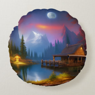 The Cabin in the Cove under the Moon  Round Cushion