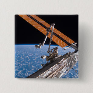 The Canadarm2 and solar array panel wings 15 Cm Square Badge