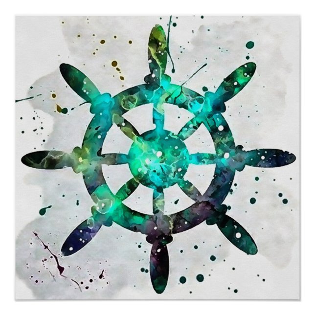 The Captains Wheel In Blue Green Ocean Colours Poster (Front)