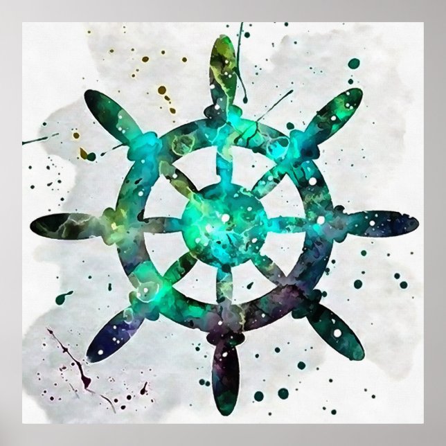The Captains Wheel In Blue Green Ocean Colours Poster (Front)