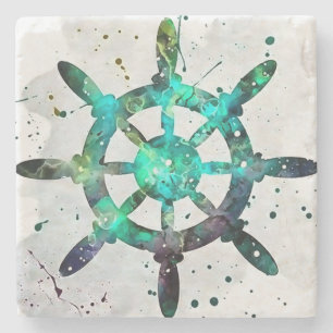 The Captain's Wheel In Blue Green Ocean Colours Stone Coaster