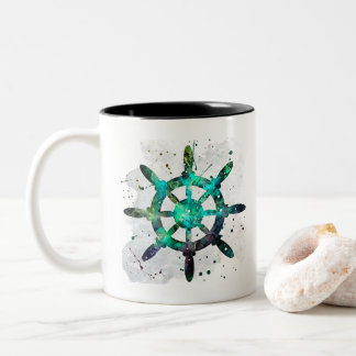 The Captain's Wheel In Blue Green Ocean Colours Two-Tone Coffee Mug