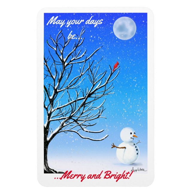 The Cardinal and the Snowman Magnet (Vertical)