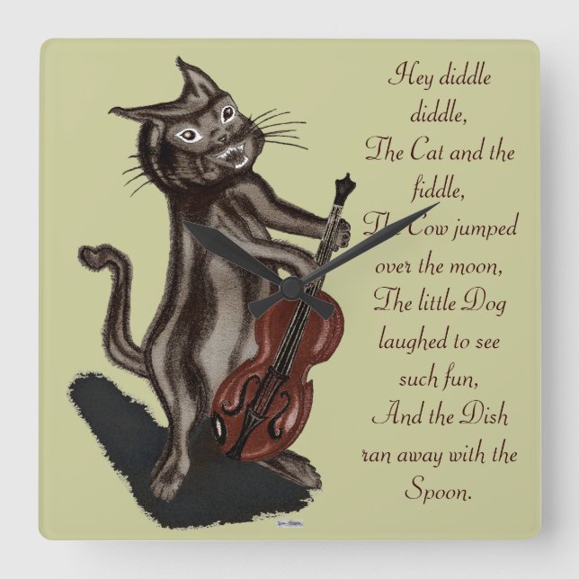 The Cat and the Fiddle Square Wall Clock (Front)