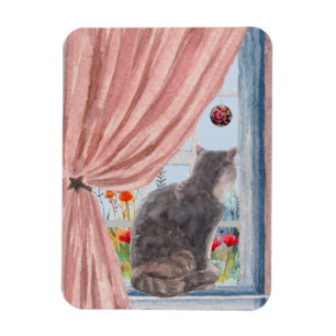 The Cat at the Window Scenic Serene Flowers Magnet