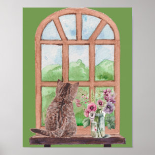 The Cat at the Window Scenic Serene Flowers Poster
