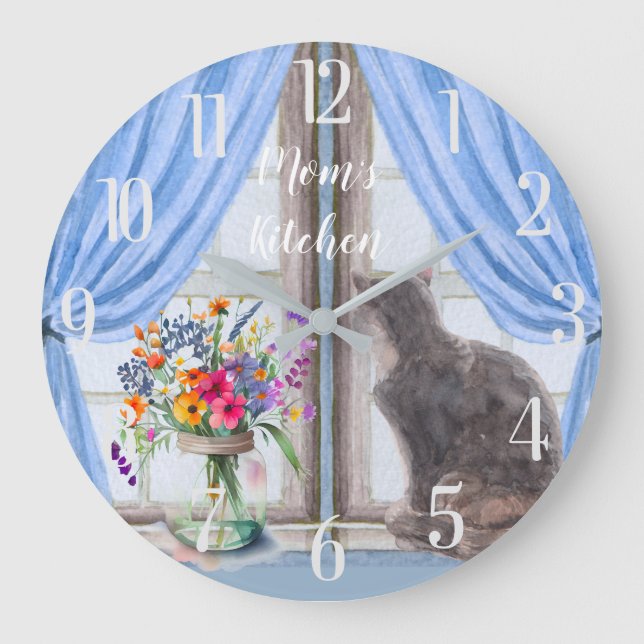 The Cat at the Window Vase Flowers Large Clock (Front)