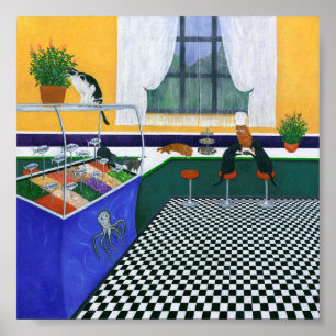 The Cat Cafe. Colorful Square Cat Art Poster