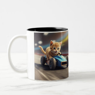 The cat drives a blue racing car 2024 Two-Tone coffee mug
