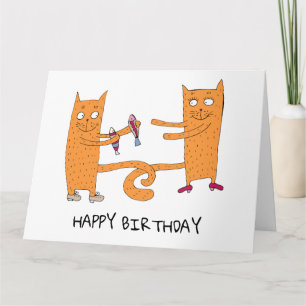 The cat gives the cat a fish for his birthday. card